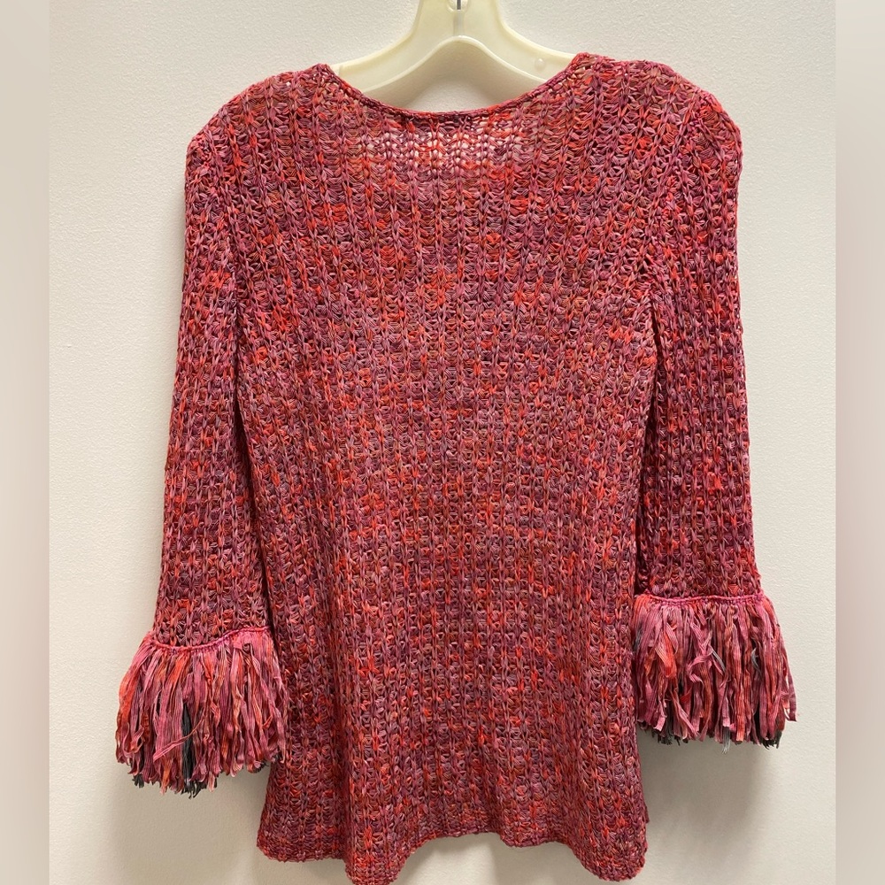 NIC+ZOE Pink Multi-Color Crochet Scoop Neck Sweater with Fringe Cuffs